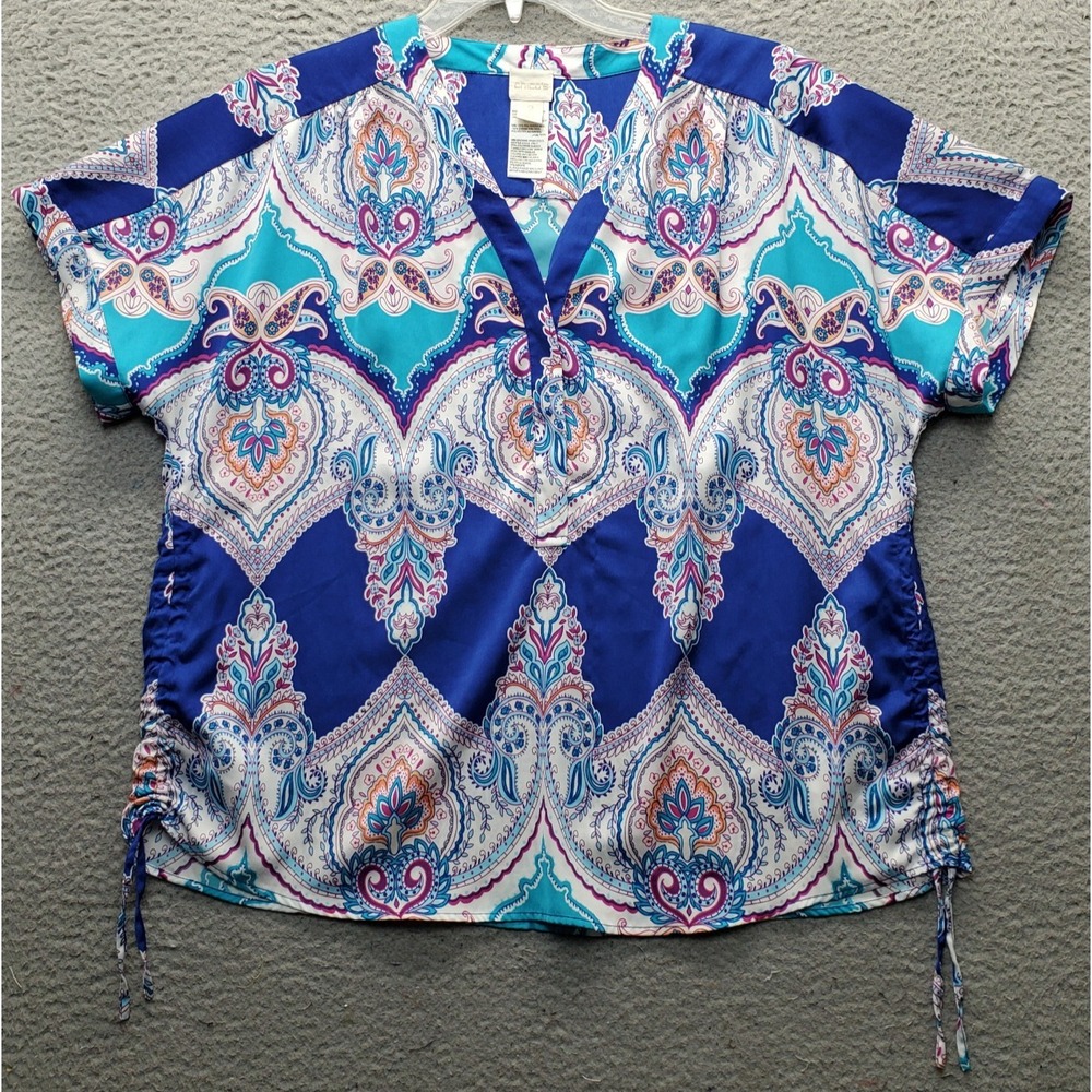 Chico's Blouse Top Womens Large Multi Paisley V-Neck Ruched Side Button Front
